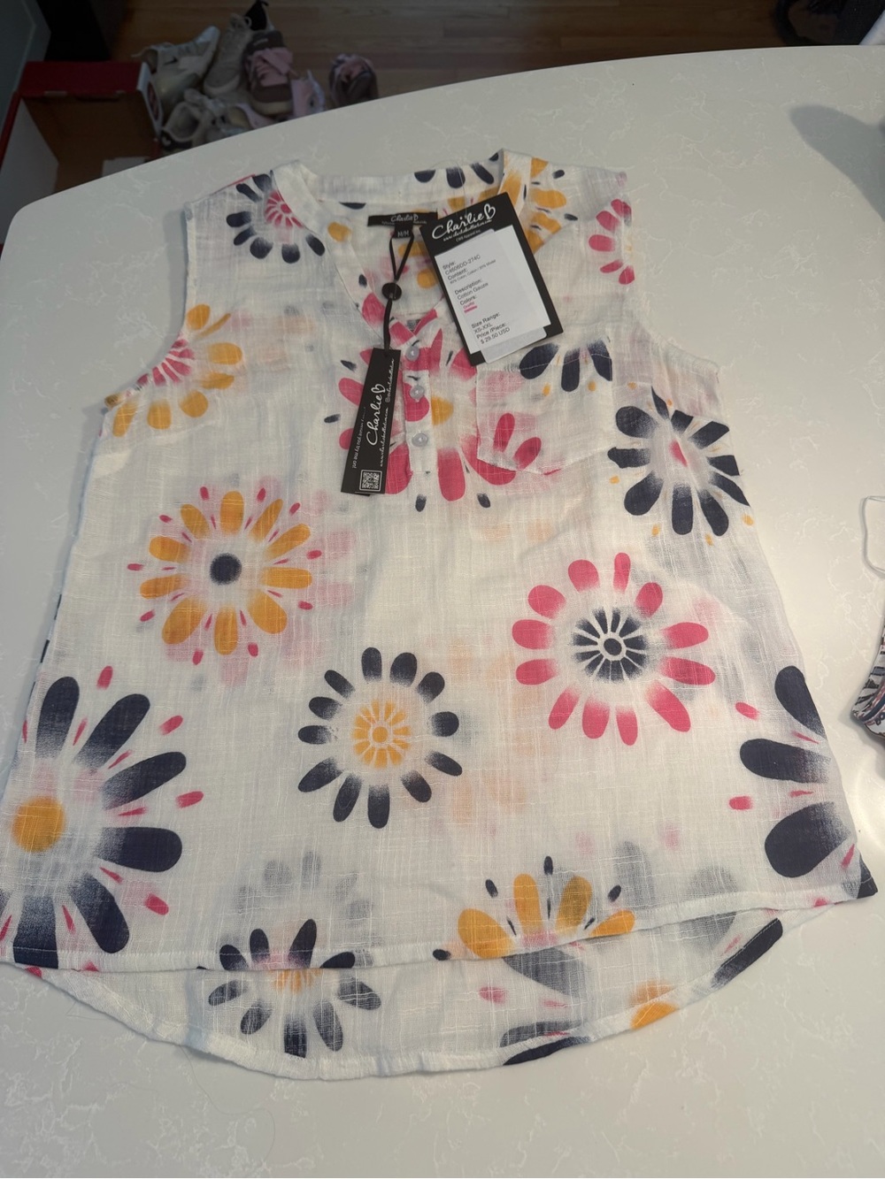 CHARLIE B White Floral Tank Top with Pink, Yellow & Navy